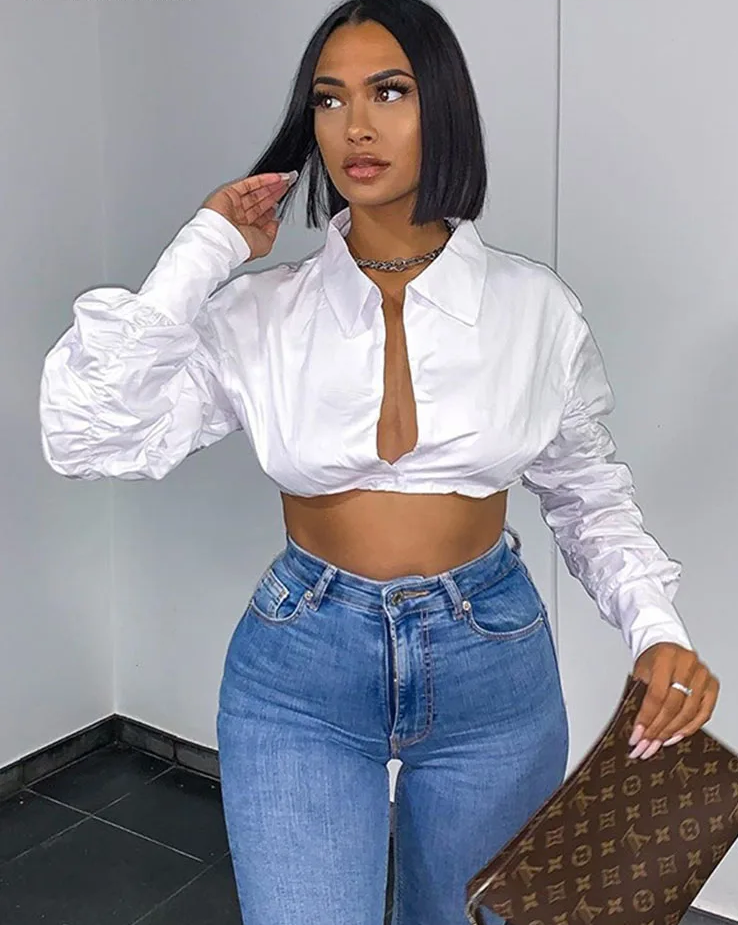 Button Ruched White Puff Sleeve Blouse - Women's Long-Sleeved Fashion Fall 2024 Crop Blouse, Solid Baddie Clothing