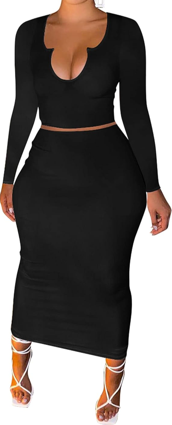 Women's Sexy Two-Piece Skirt Outfit - Long Sleeve/Sleeveless V-Neck Ribbed Knit Bodycon Maxi Dress, Club Party Wear