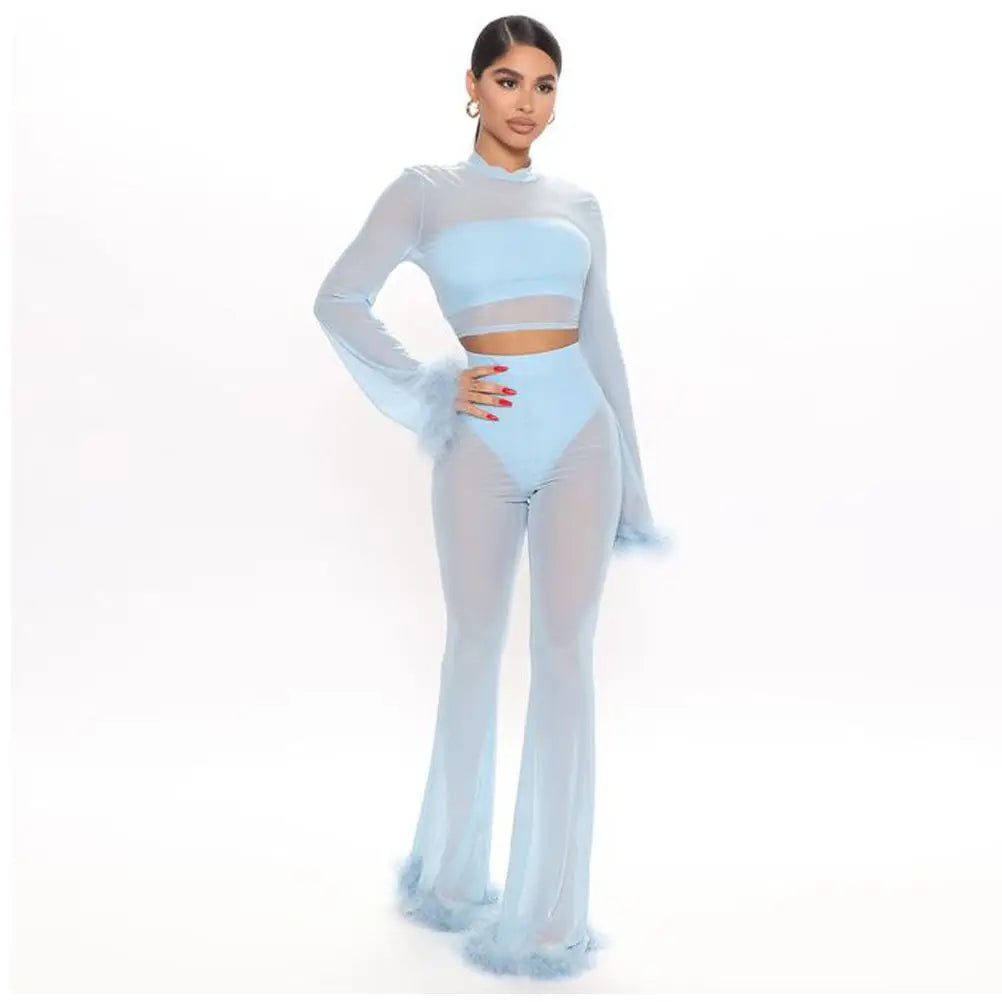 Women's Two-Piece Set: Feathers Trim Mesh See-Through Pants Outfits + O-Neck Long Sleeve T-Shirt, 2025 Summer Sexy Baddie Clothes