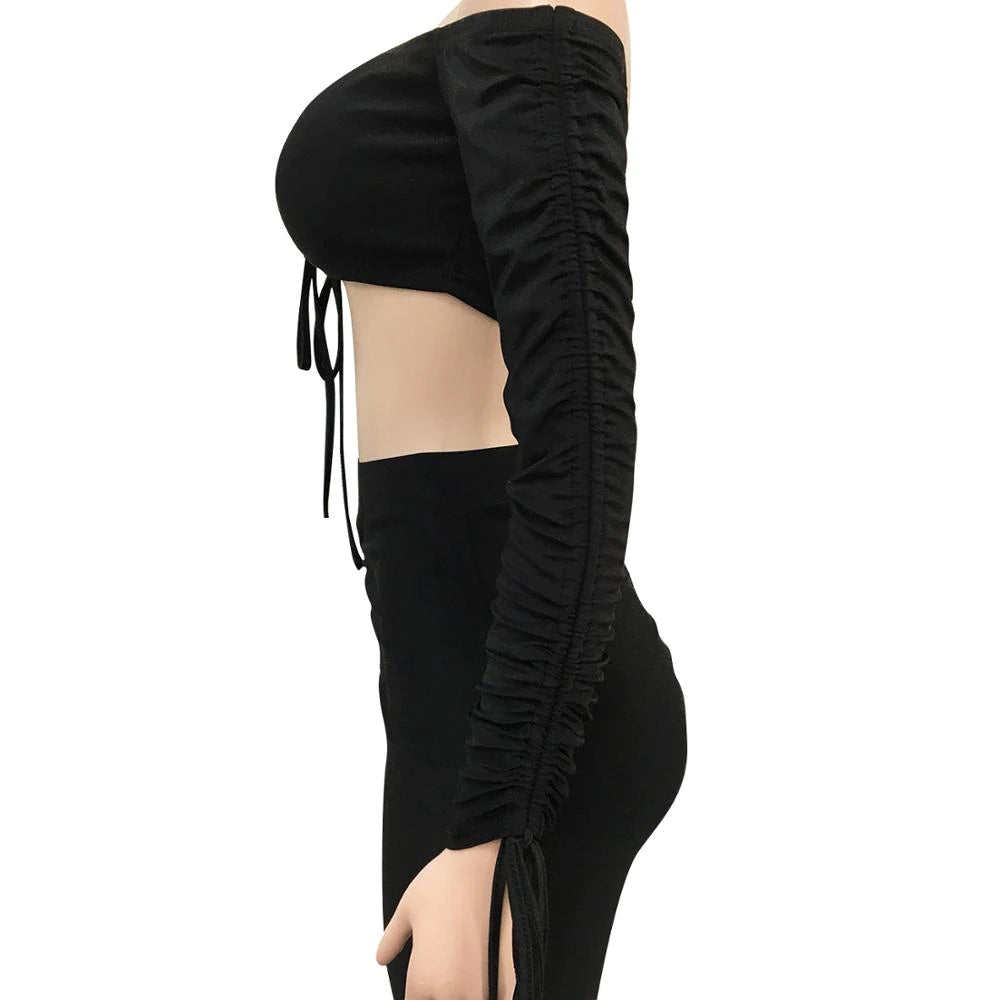 Two Piece Tracksuit Set - Women's Crop Top and Stacked Leggings Outfit, Fall Clothes