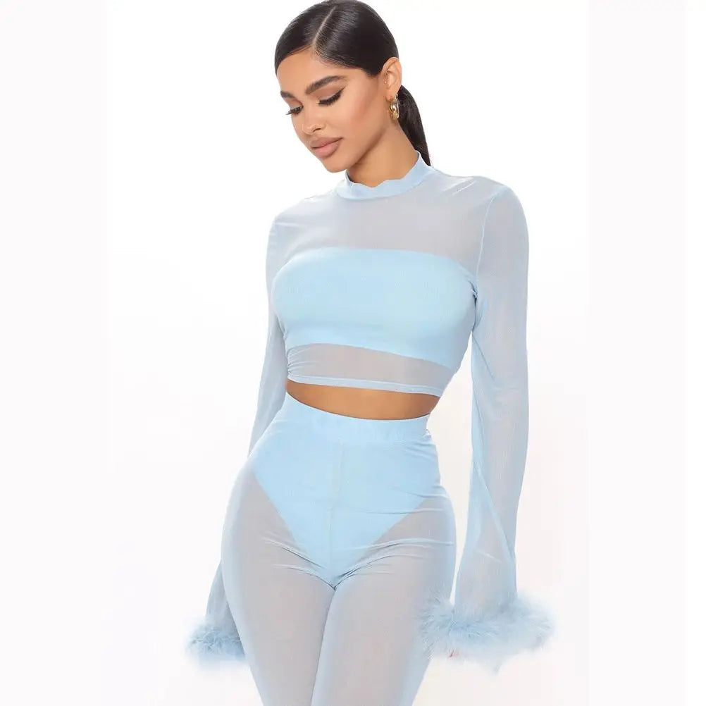 Women's Two-Piece Set: Feathers Trim Mesh See-Through Pants Outfits + O-Neck Long Sleeve T-Shirt, 2025 Summer Sexy Baddie Clothes