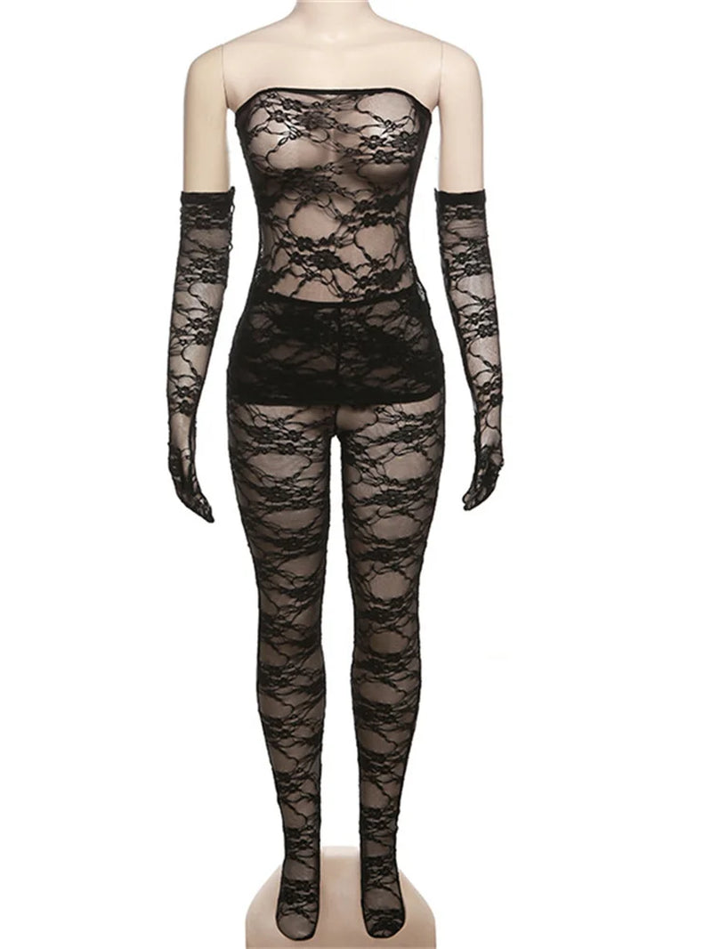 Sheer Lace Trim Women's 3-Piece Set - Solid Strapless Tube Top, Hot Skinny Pants, Baddie Club Outfit