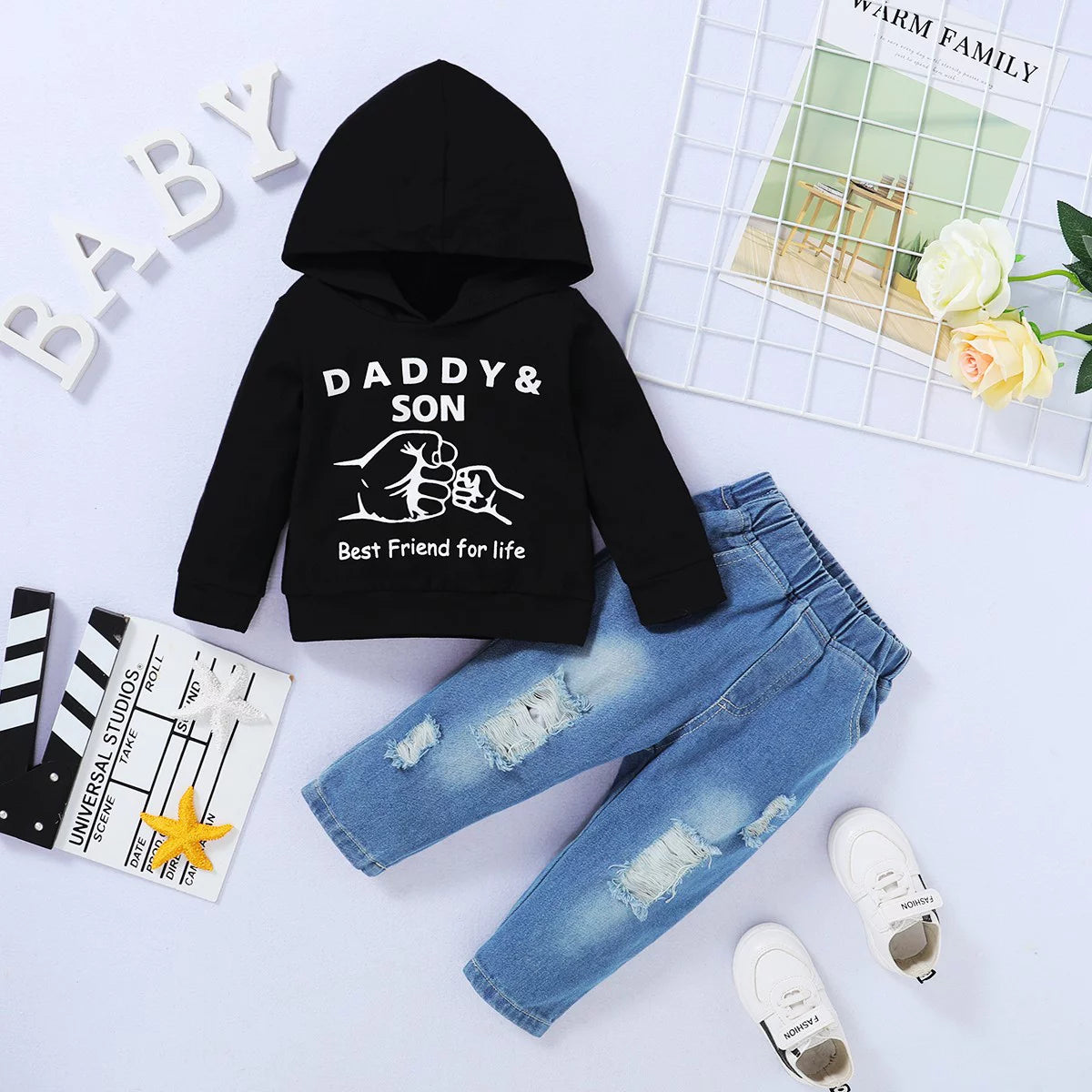 3T Baby Boy Clothes Baby Boy Outfits Hooded Long Sleeve Letter Print Tops Ripped Jeans Pants Set 4T Baby Boy Fall Clothes Black